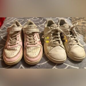 Girls Nike Court Borough Pink White and Adidas Grand Court White Metallic size 2